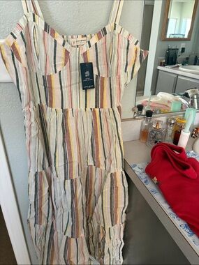 Lucky Brand Cream Striped Tiered Sundress with Pink, Yellow & Navy Accents